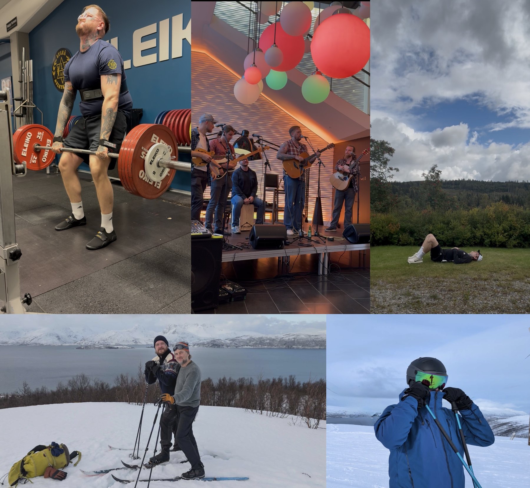 Collage of five photos: deadlifting at the gym, playing on stage with a band, ski touring with a friend, skiing in a blue jacket and helmet, and lying on the grass looking at the sky